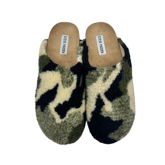 Steve Madden Vesa Slippers Mules Size 10 Camouflage Faux Fur Cork Sole Comfort - Picture 2 of 7